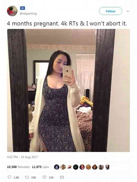 【画像】妊娠4ヶ月の女「4000RT達成できなかったら中絶するー」とTwitterに投稿しRT稼ぎして批判殺到！