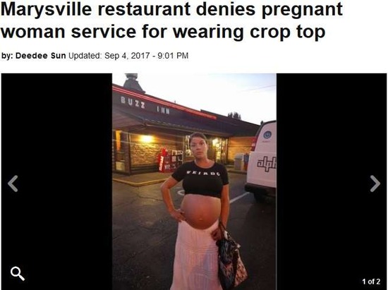 【画像】クロップトップの妊婦、レストラン入店を拒否され怒りのFacebook投稿ｗｗｗｗｗｗｗｗ