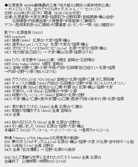 北原里英 AKB48劇場最終公演 ｢地方組＆5期生10周年特別公演｣セットリストまとめ